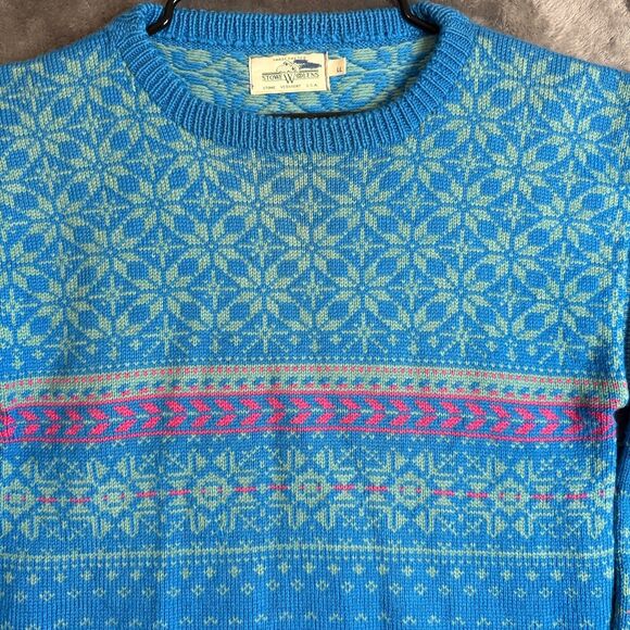 Stowe Woolens Large Pullover Geometric Sweater Crewneck Blue USA Hand Crafted - Picture 2 of 7